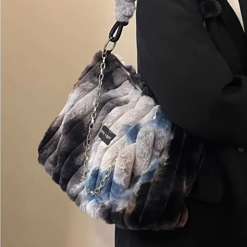 MBTI Tie-dye Womens Tote Bag Athletic Plush Chain Autumn and Winter Shopper Shoulder Bag Fluffy Large Capacity Ladies Handbag