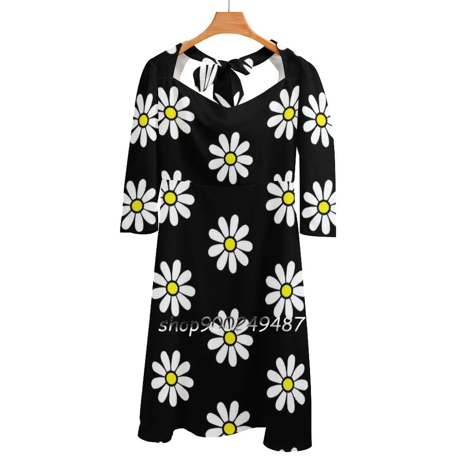

Happy Daisy Flower Power 60'S 70S Retro Vintage Hippie Square Neck Dress Cute Loose Print Dresses Elegant Beach Party Dress