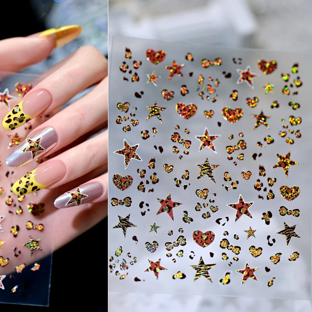 1Pcs Rosa Glitter Leopard Print Liebe Bogen Nagel Aufkleber 5D Gelee Laser Stern Herz Bowknot Leopard Nail art Aufkleber y2k Sexy Nagel Dezember – Detail 7