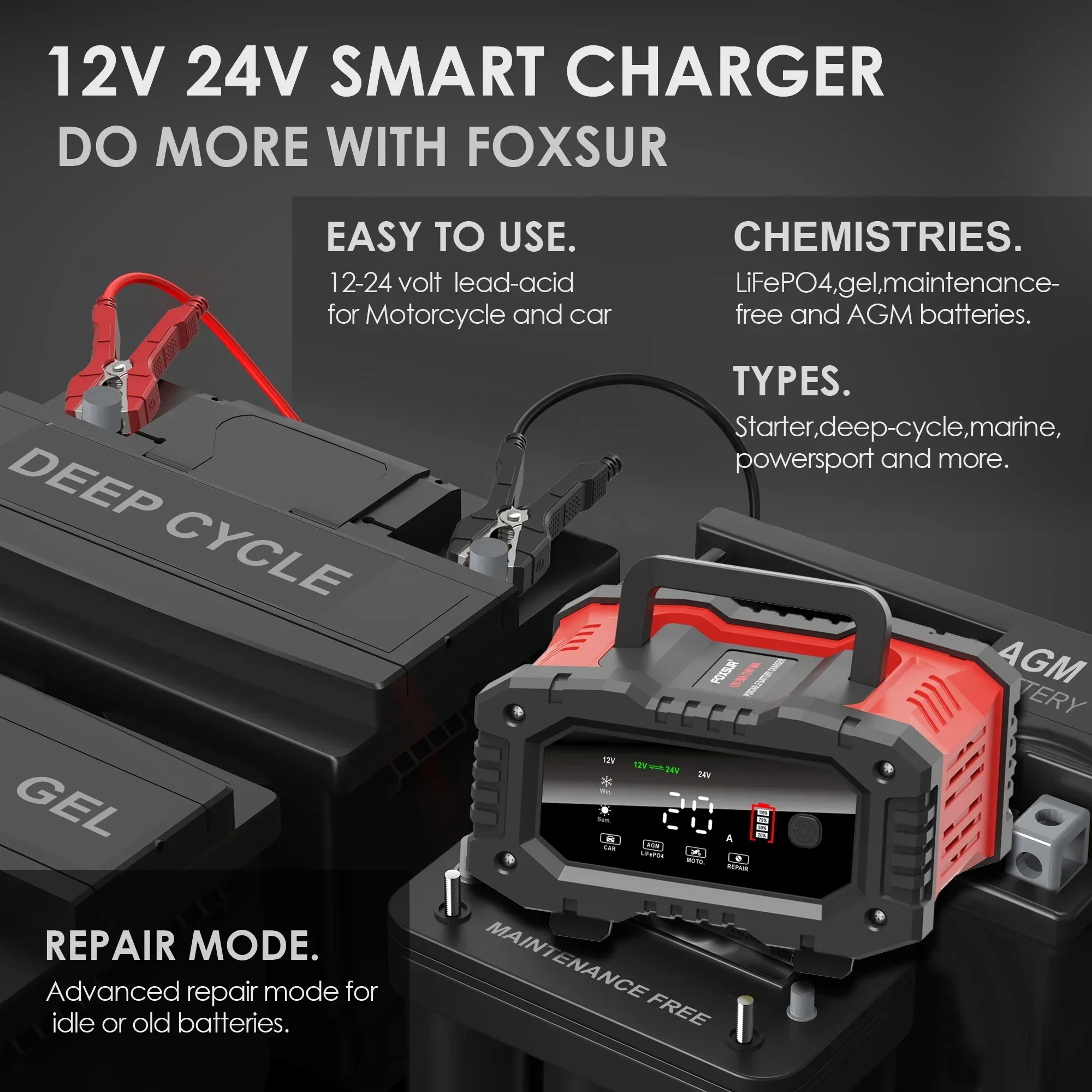 

FOXSUR портативный 20A 12V-24V умное зарядное устройство для мотоцикла автомобиля ремонт батареи Авто Moto свинцово-кислотный AGM GEL PB LiFePo4 Batt