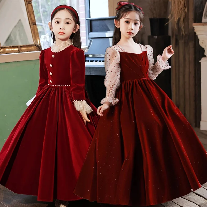 Kids Dresses For Party Wedding Gorgeous Sequins red Velvet Children Pageant Gown  Girls Princess Dress christmas Girl Clothing