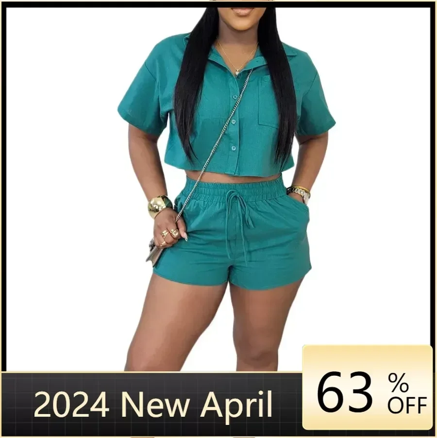 

Africa Clothing S-3XL 2 Pieces African Clothes for Women Summer Fashion Short Sleeve V-neck Top Short Pant Matching Sets Outfits