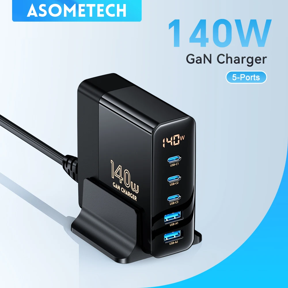 Asometech GaN 充電器　type-c 3ポート　140W 急速充電 Asometech 140ワットガンusb充電器3 usb c + 2 usbポート、100