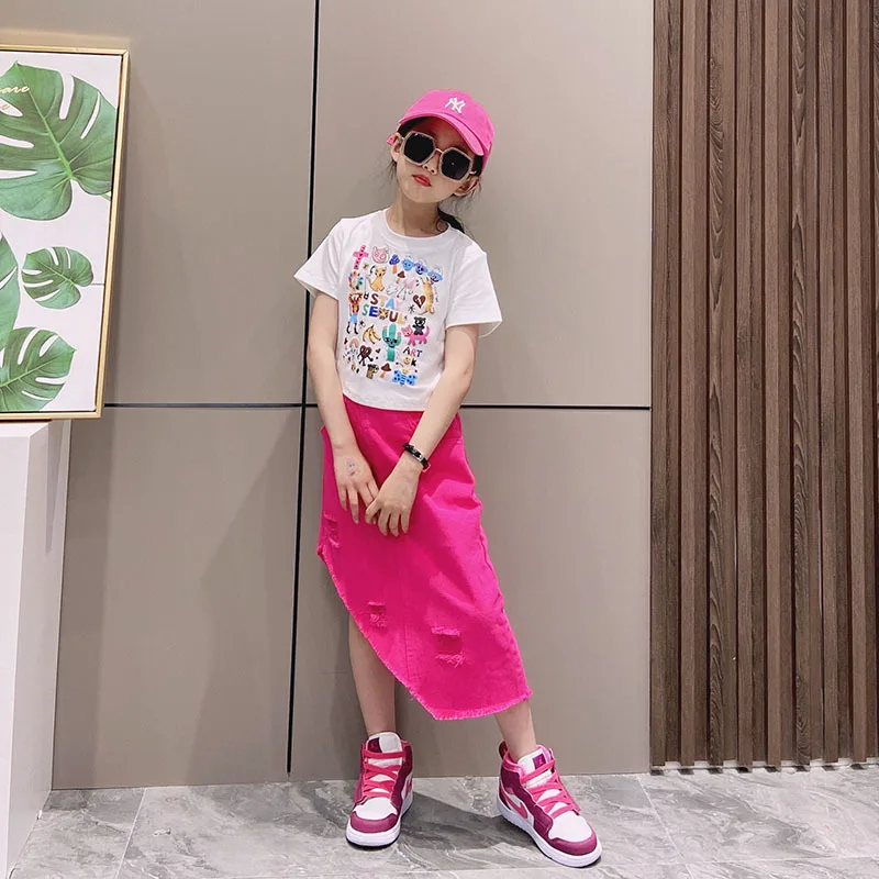 

girls jeans skirts cotton split irregular mid calf slanted skirt teenage kids clothes ripped holes distressed denim 4 to 14 yrs