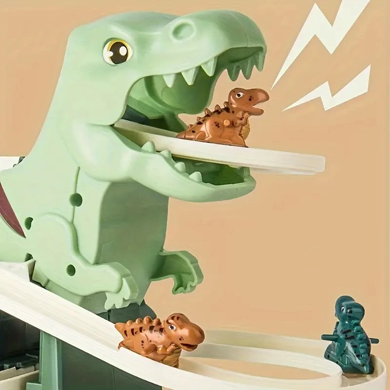 Dinosaurs Climbing Slide Light Up Music Stairs Toy With 6Pcs Dinosaur Alloy Race Cars,Puzzle Fun Electric Slide Track Toy Car 3