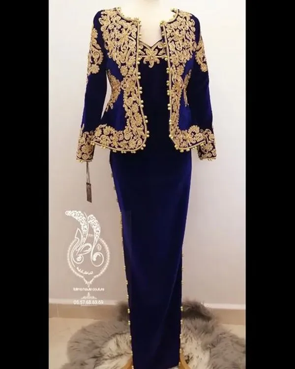 Royal Blue Velvet Prom Formal Dresses with Long Sleeve Jacket Customized Gold Lace Karakou Algerien Outfit Evening Occasion Gown 3