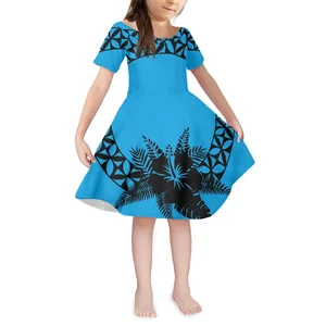 High Quality Hawaiian Children's Dress Tribal Print Hibiscus Round Neck Short Sleeve Summer Daily Home Dress Princess Dress