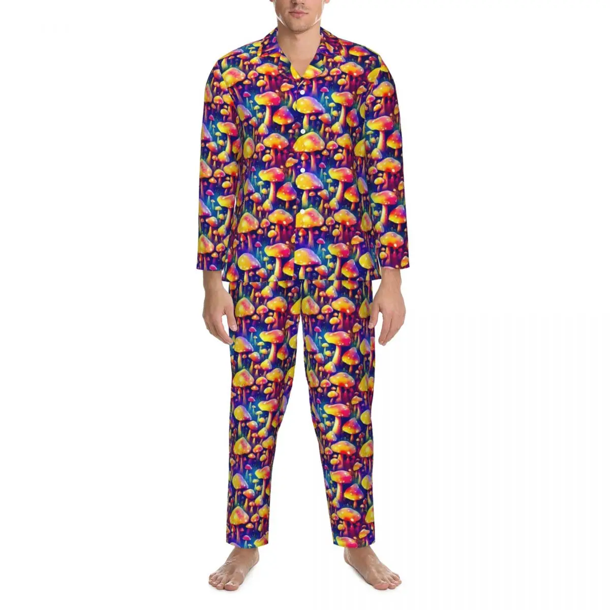 

Trippy Magic Mushrooms Pajama Set Hippie Print Warm Sleepwear Long-Sleeve Casual Bedroom 2 Pieces Home Suit Big Size XL 2XL
