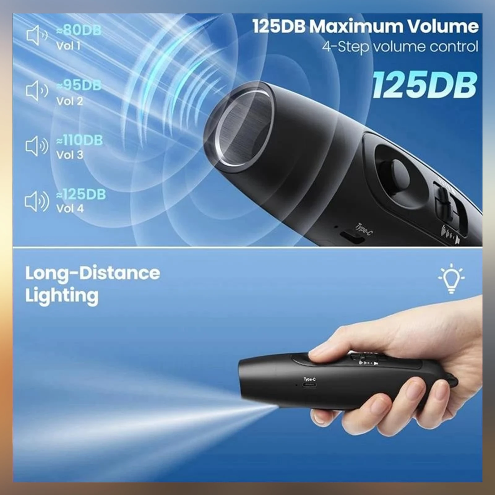 전자 호루라기 USB 충전식 생존 호루라기 120-150dB LED 안전등 포함, 하이킹 캠핑 곰 퇴치용 끈 포함