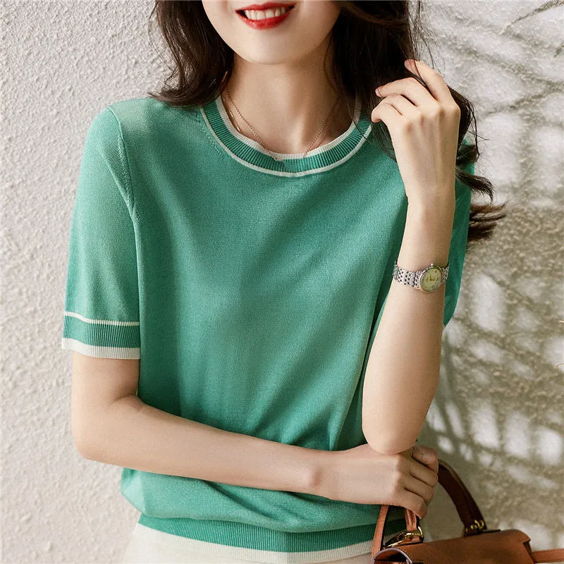 

2022 Summer New Knitted Sweater Women Solid Casual Short Sleeve Office Lady Pullovers O-Neck Knitwear T-Shirt Tops Q5898