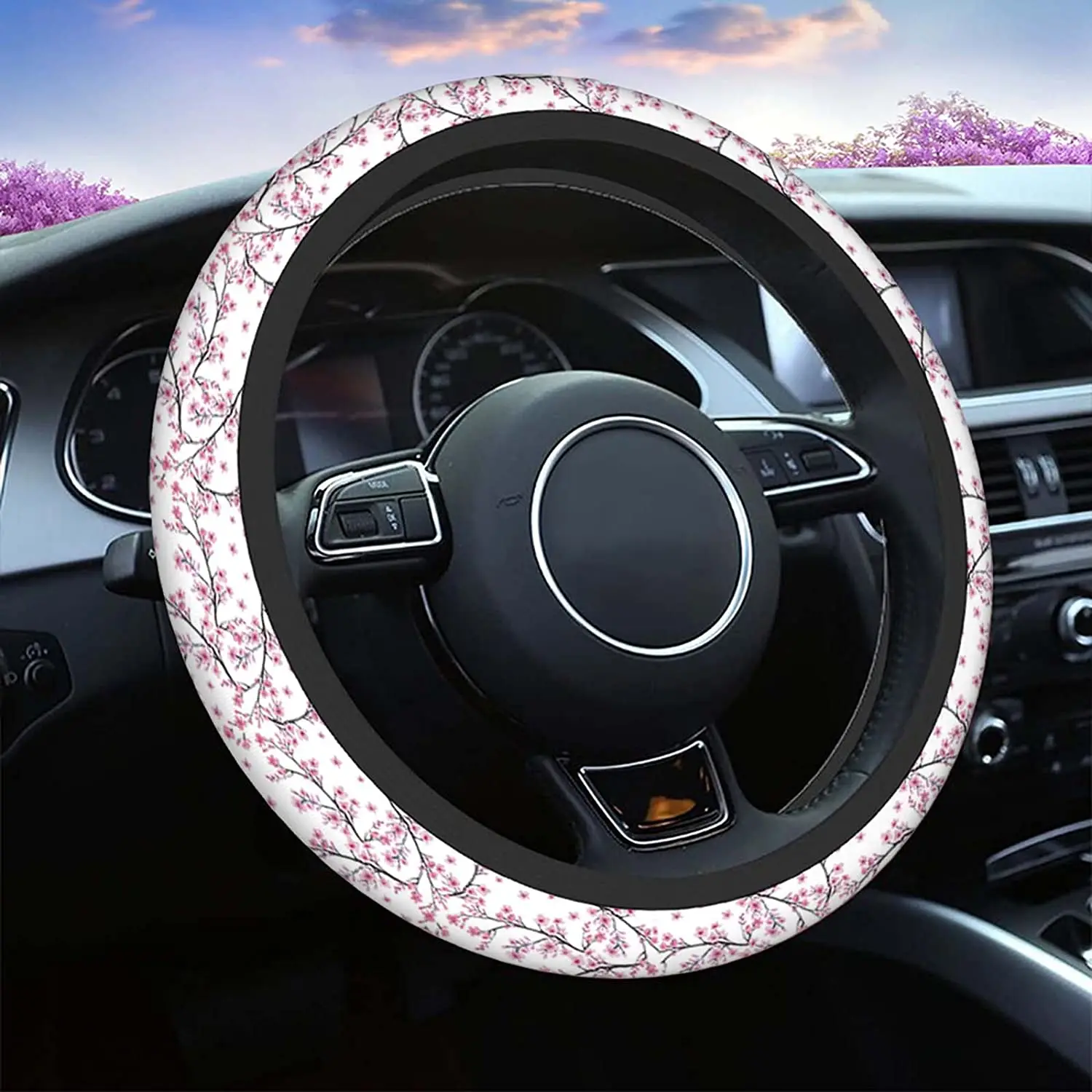 

Steering Wheel Cover for Men Women Watercolor Flower Branch of Cherry Blossom Flower Pink Universal 15 Inch Anti-Slip