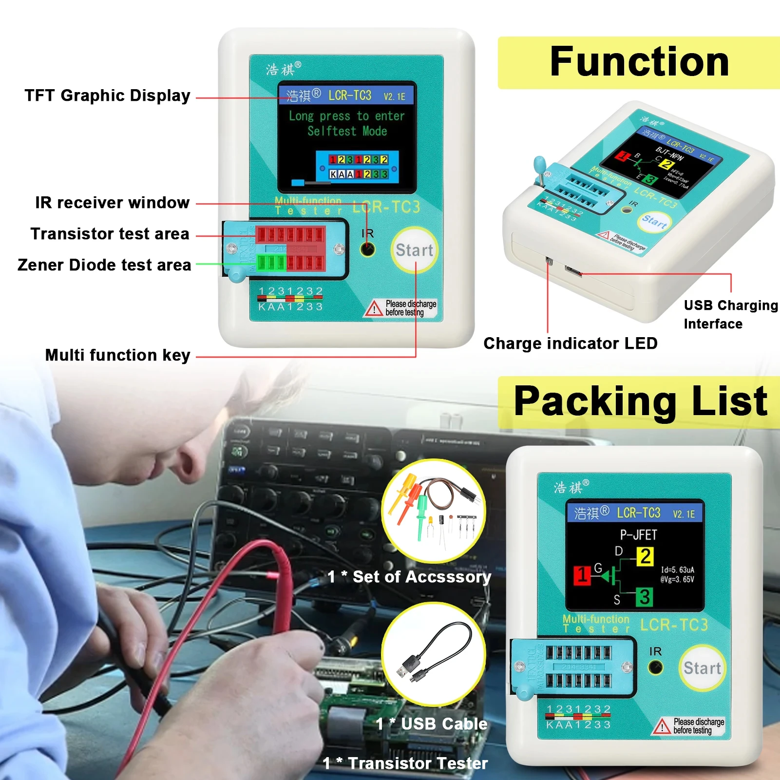 LCR-TC3 Transistor Tester Zener Diode Tester TFT Voltage Regulator Diode NPN PNP Bipolar Transistor Resistor Potentiometer