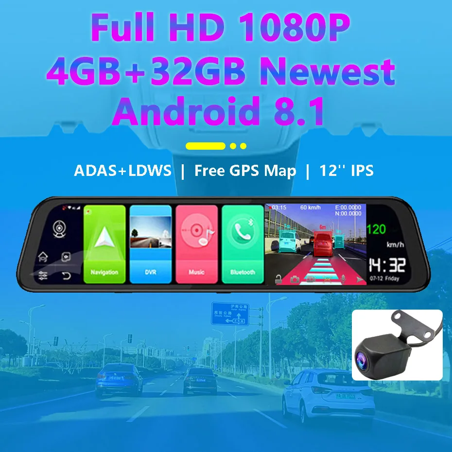 ڵ ̷ ī޶, 4G LTE, ȵ̵ 8.1, GPS ׺̼, 4GB RAM, 32G ROM,  ķ,  ,  , DVR, 12 ġ