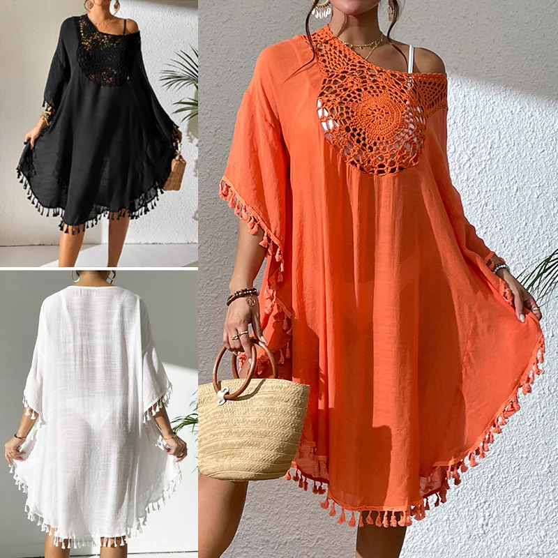 New Cover-up Beach dress 2024 New beach smock hook floral patchwork fringe swimsuit bikini beach wear