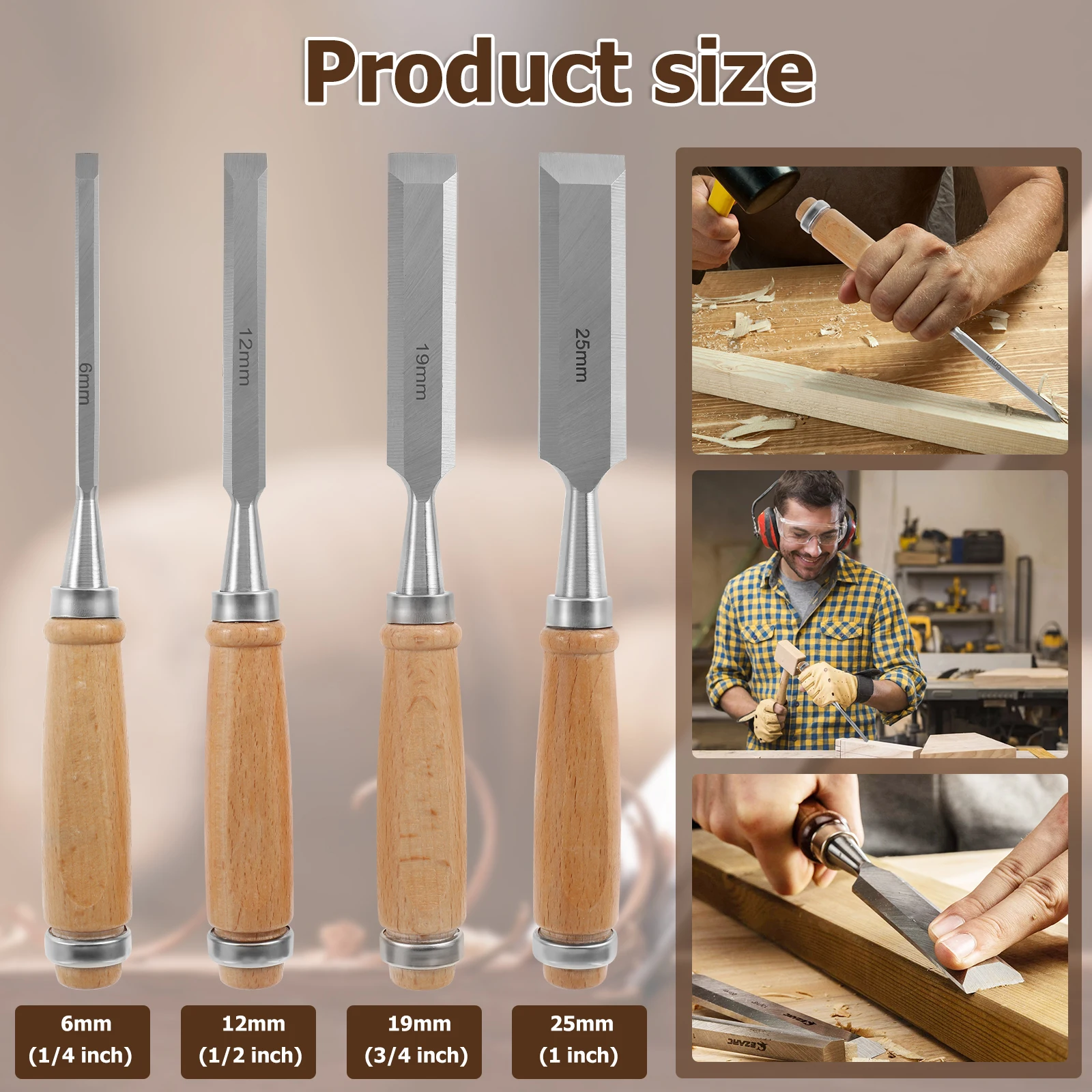 4Pcs Wood Carving Chisels Set Sharp Chrome-Vanadium Steel Wood Carving Chisels with Beech Handles Ergonomic Wood Carving Tools