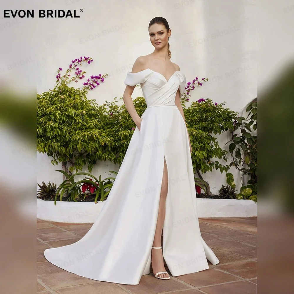 

EVON Elegant Off The Shoulder A-Line Satin Wedding Dresses For Women Backless Button Floor-Length Bridal Gown Vestido De Novia