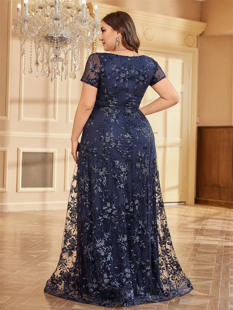 Lucyinlove Plus Size Elegante Bloem V-Hals Avondjurk Vrouwen Korte Mouw Trouwfeest Maxi Blauwe Prom Zeemeermin Cocktailjurk