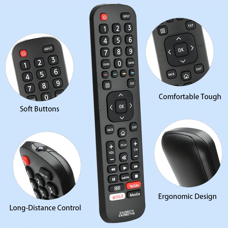 Telecomando EN2BB27H EN2BB27HB Compatibile Con Hisense FHD UHD Smart TV H32A5600 H39A5600 H43A5600 H43A6100 H43A6120 H50A6100 H50A6120 H55A6120 Sostituzione Controllore Con YouTube NETFLIX Pulsanti