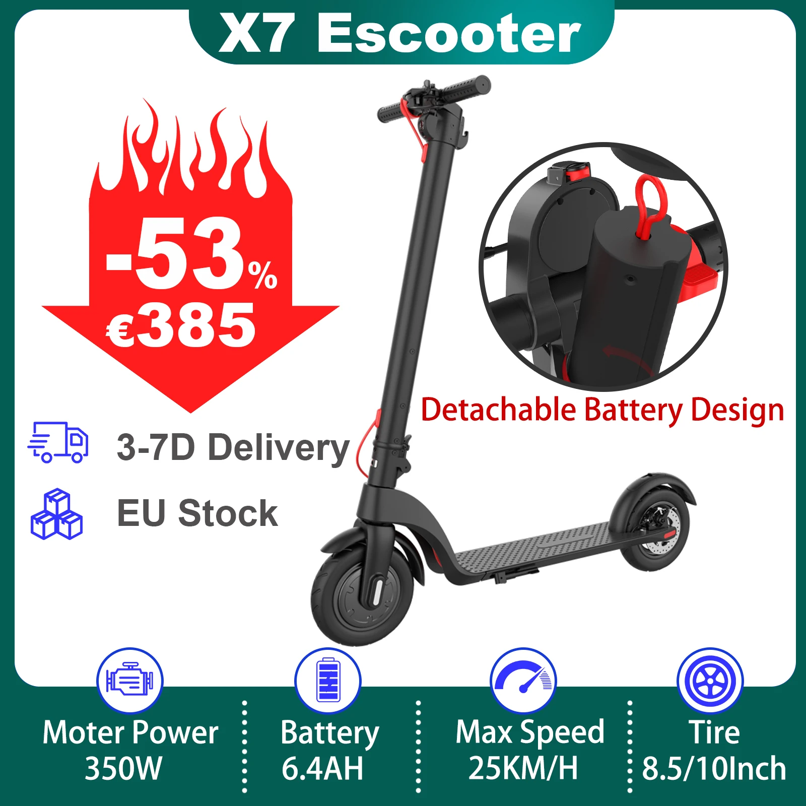 X7 350W 8.5-10 Pollici Scooter Elettrico 6.4Ah 25 Km/H Escooter Pieghevole Con Batteria Staccabile Scooter Elettrico Intelligente Per Adulti