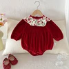 Christmas Baby Girls Outfit Romper Cherry Print Collar Jumpsuit New Years Red Romper Xmas Bodysuits Fall Winter Child Clothes