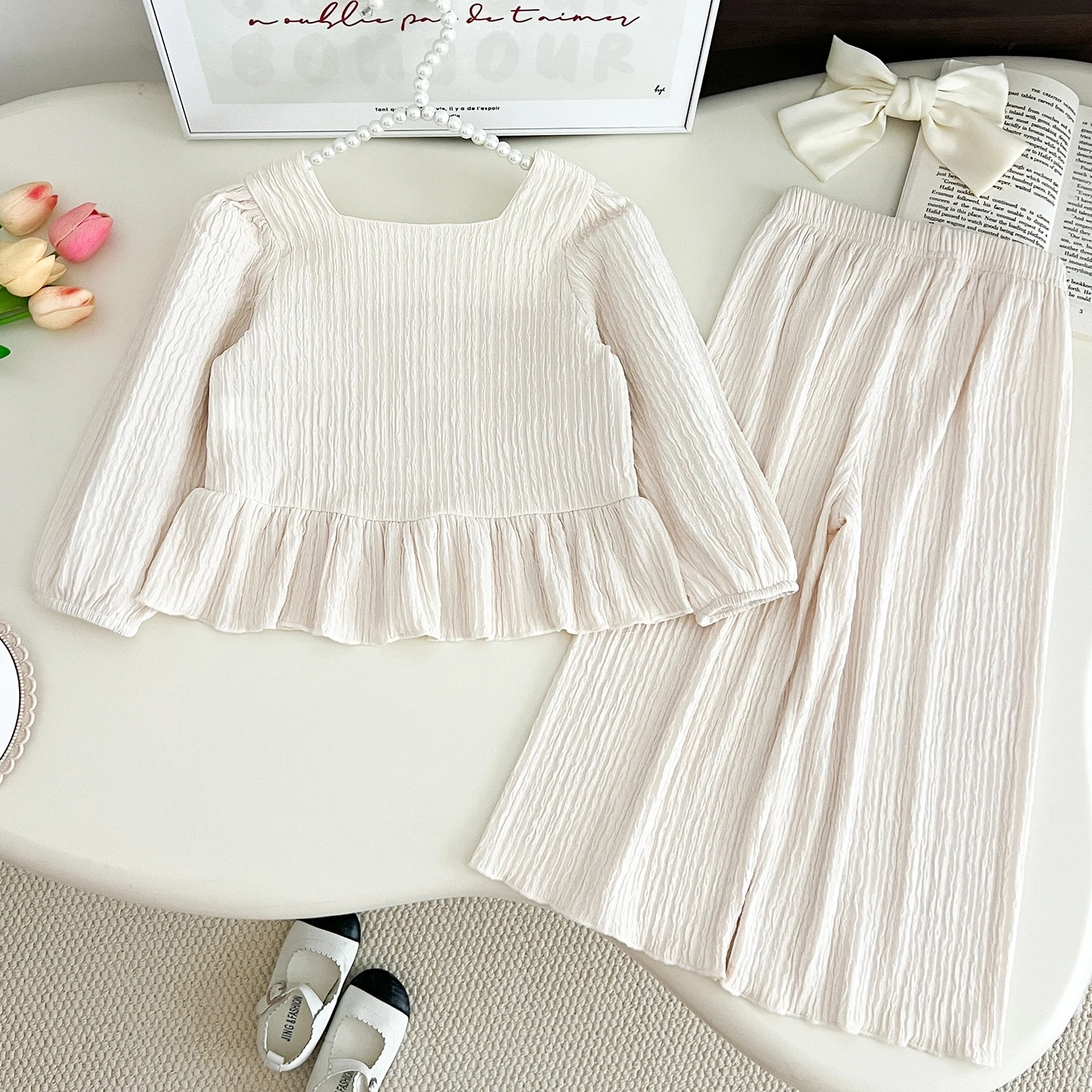 Girls Clothing Sets  Autumn Strawberry Gouhua Long-sleeved Ruffled Top Wide Leg Pants 2-piece Kids Clothes Suit - 2