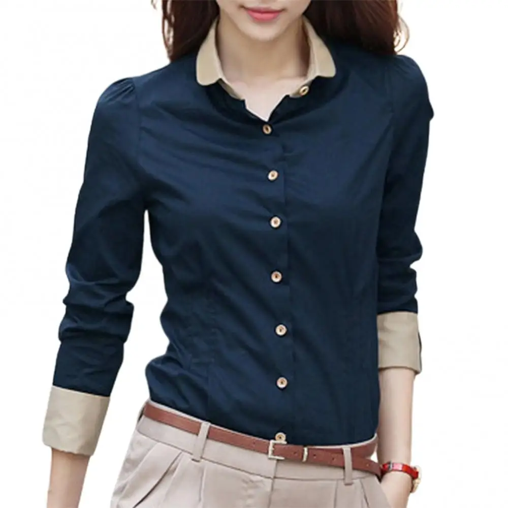 

Patchwork Long Sleeve Shirts Women Blouse Autumn Lapel Office Ladies Button Casual Shirt Business Blouses Blue Tops Blusas