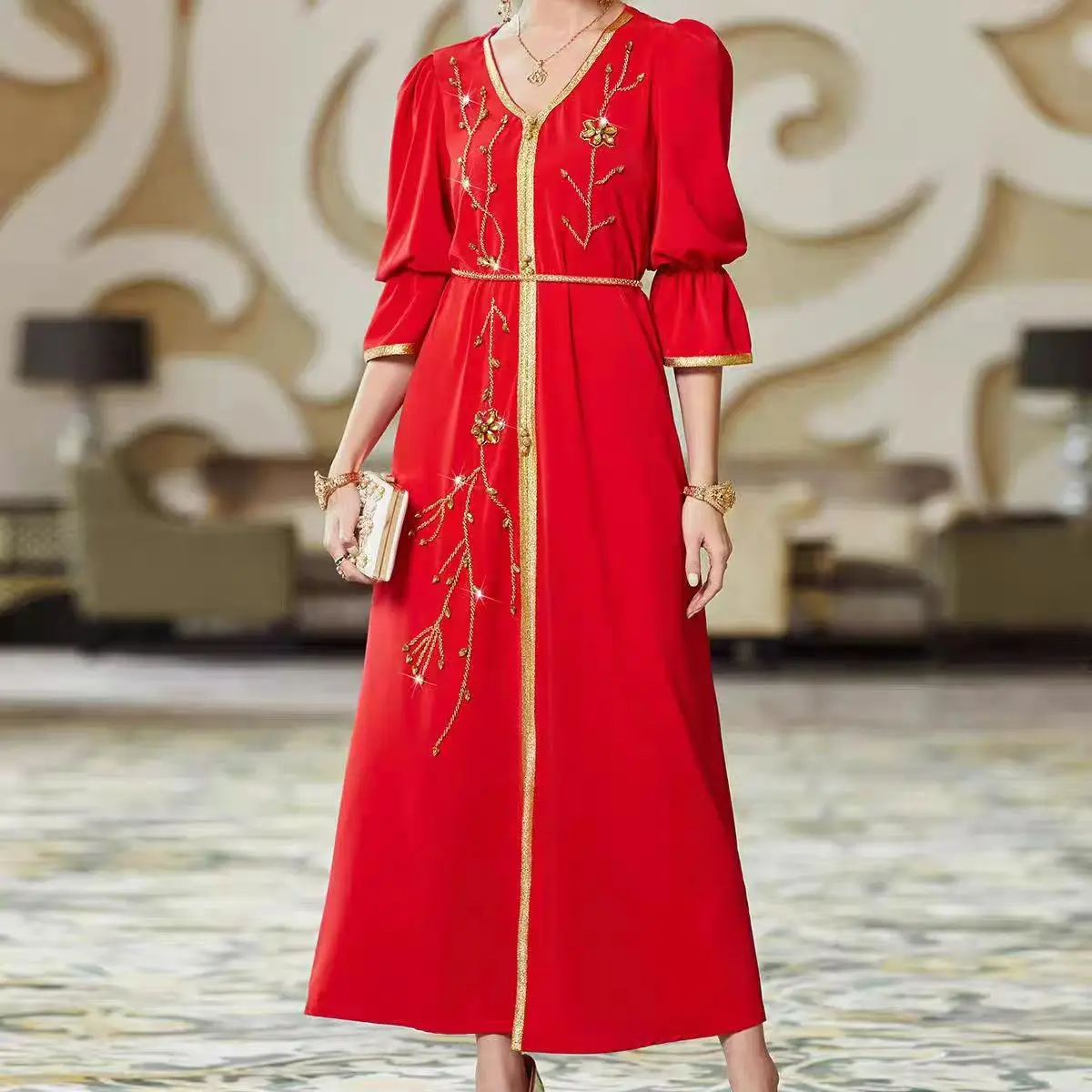 

New small lapel fashion flower sewn diamond long dress palace large size Middle East Dubai Arab girl temperament jumpsuit