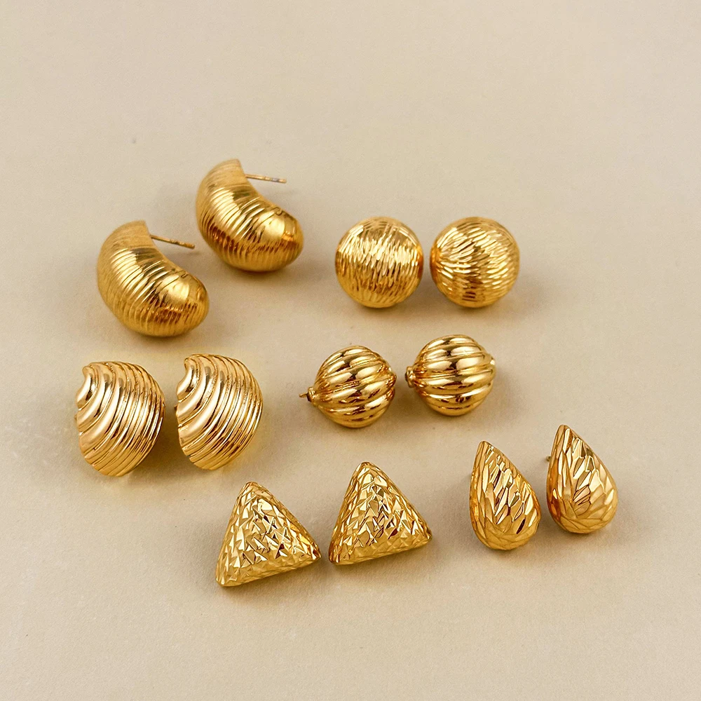 Retro Stainless Steel Geometric Irregular Texture Hemispheres Earrings Gold Plated Waterdrop Waterproof Small Studs Ear Jewelry