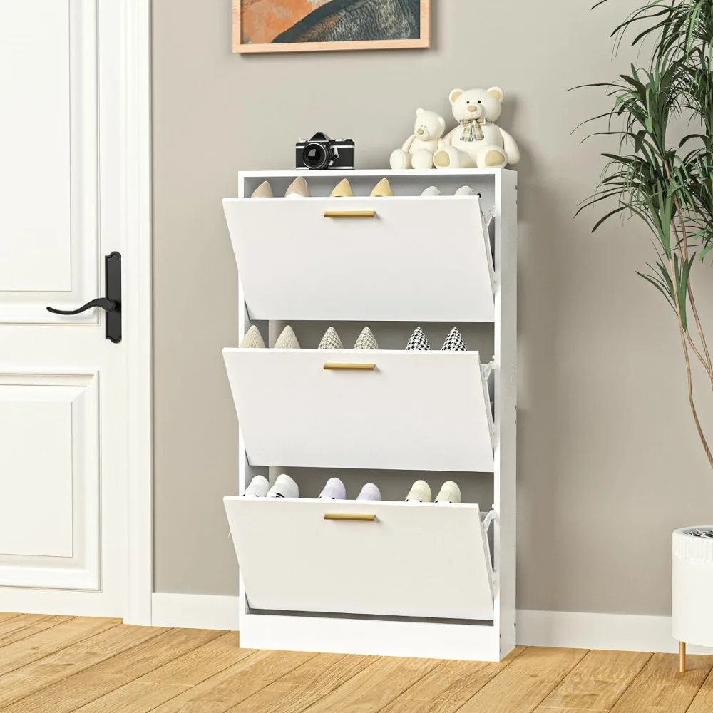

Narrow Shoe Storage Cabinet, Cabinet for Entryway with 3 Flip Drawers, Wood Hidden Storage, Freestanding Shoe