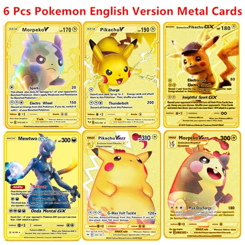 thumbnail image 1 of 6-12 Pcs/Set English Version Metal Card Pikachu Anime Figure Battle Carte Trading Pocket Monster Cards Model Toy Gifts, 1 of 5