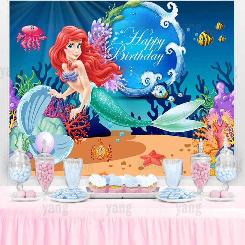 Disney Cute Little Mermaid Ariel Princess Wedding Castle Bubble Undersea Background Girls Birthday Party Baby Shower Banner