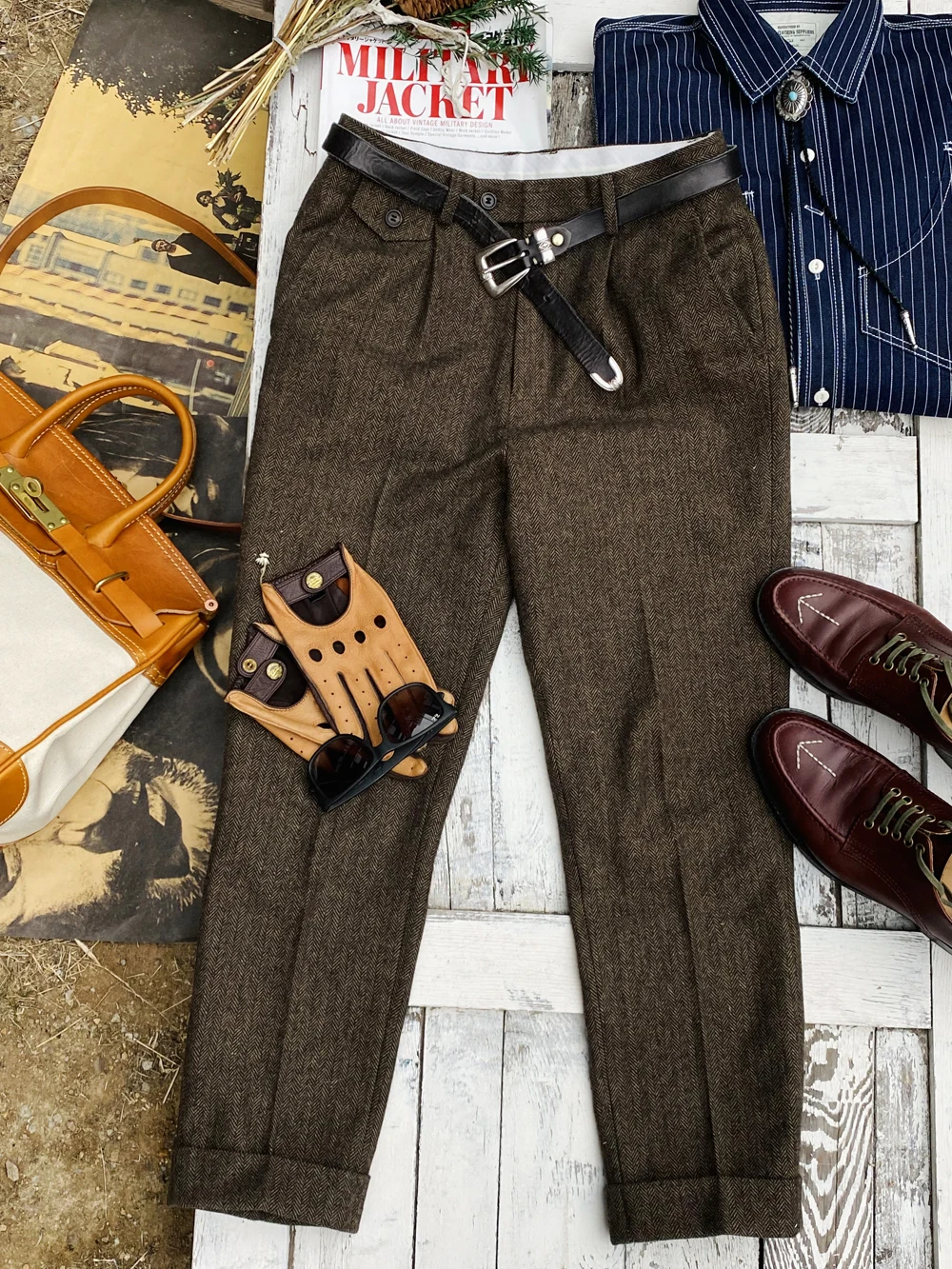 Tailor Brando British Retro Herringbone Wool Micro Tapered Trousers 9.5-point Men's Tweed Trousers 2