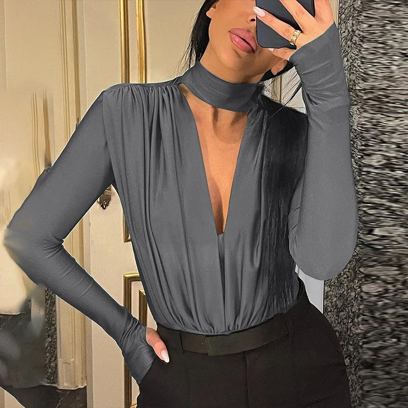 BKLD Women Clothing 2023 Winter New Sexy V-neck Slim Fit Patchwork Solid Color Long Sleeve Bodysuit Night Club Outfit
