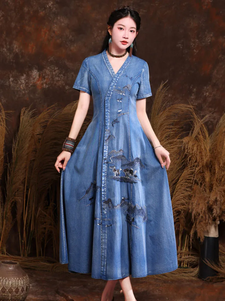 

Summer Women Retro Denim Dress V-neck Chinoiserie Embroidered Button Short-sleeves Jean Dresses Female Slim A-line Maxi Dresses