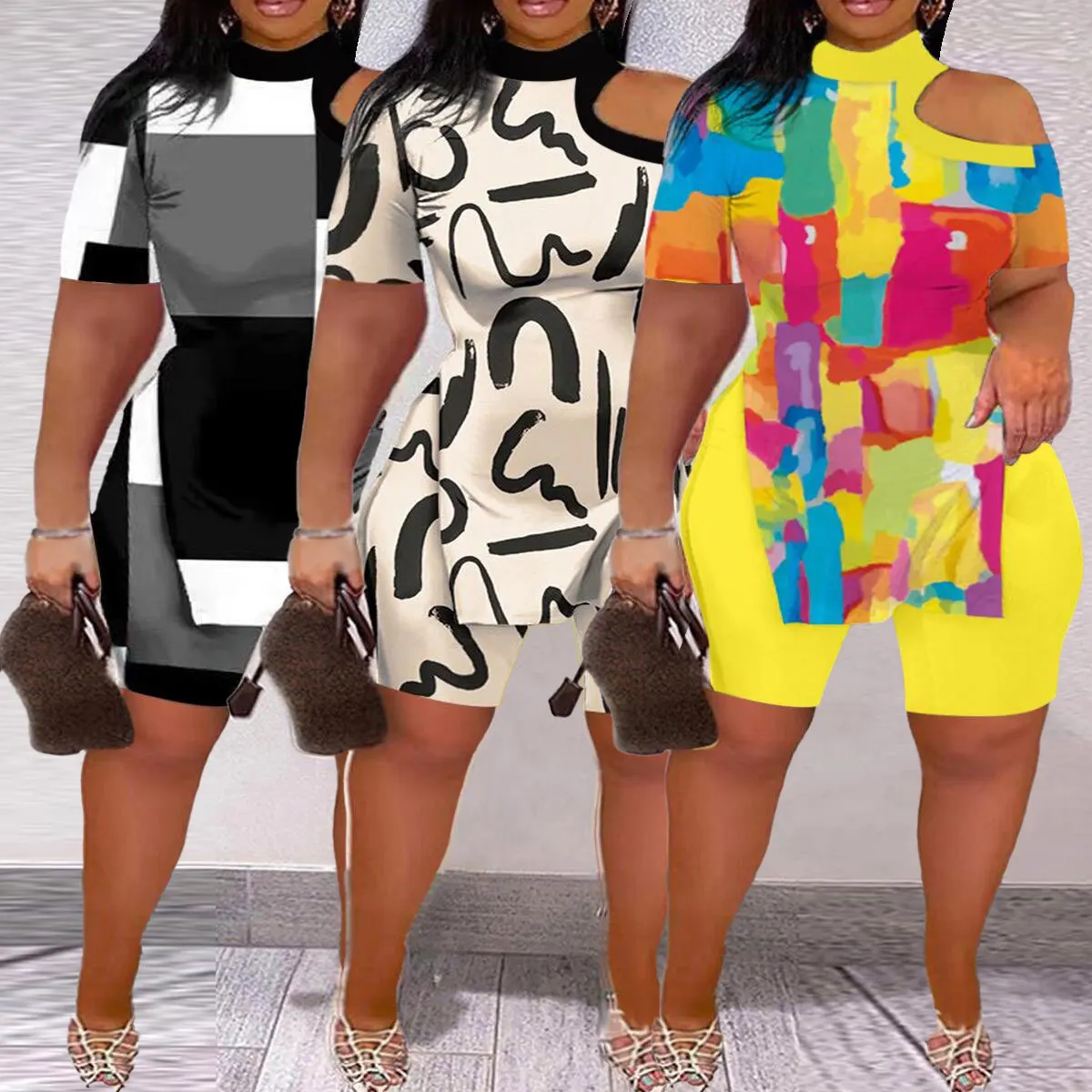 Women Matching Sets Fashion Personality Printed Strapless Sexy Tops+