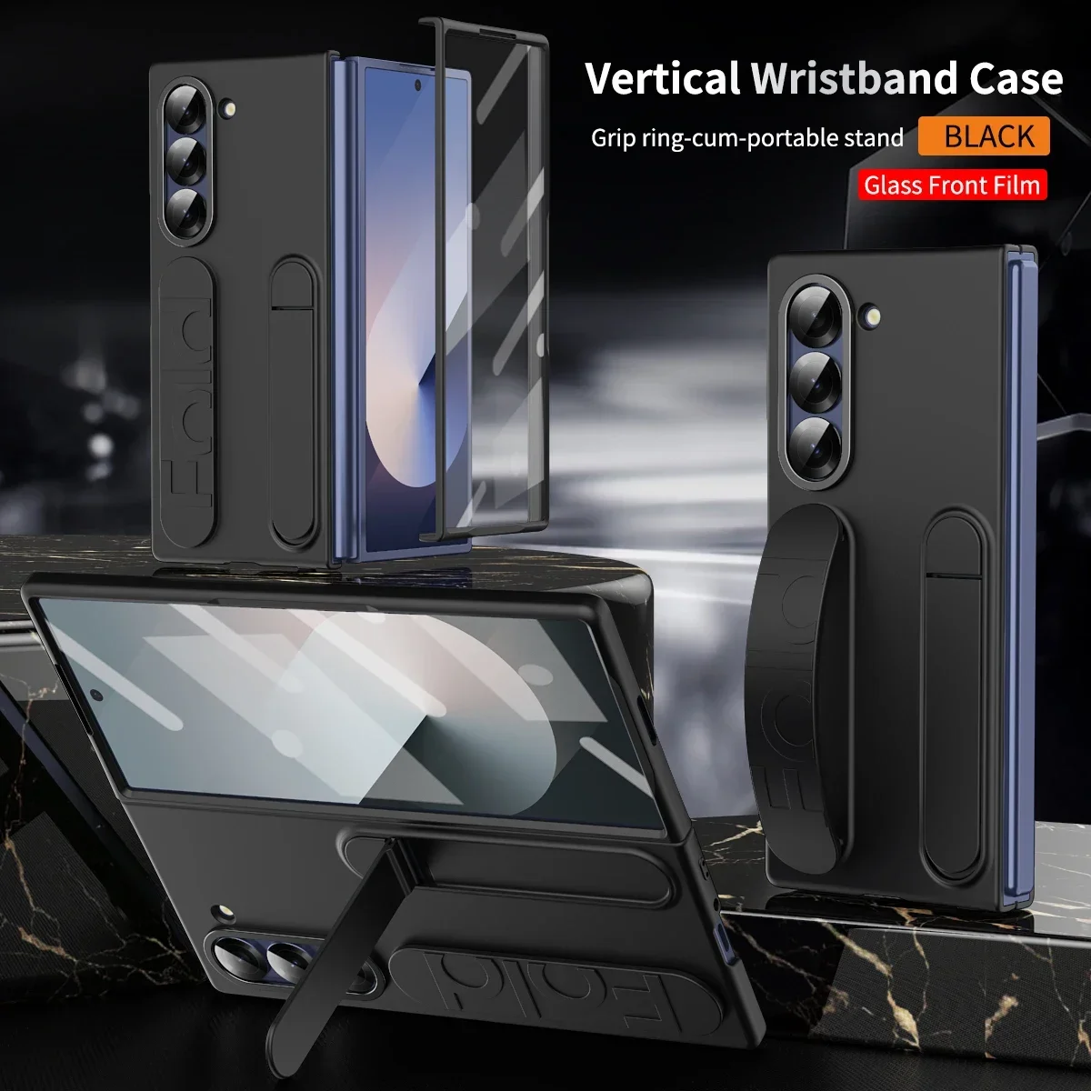 Premium Foldable Wristband Stand Case with Front Glass Protection and PC Plastic Cover
