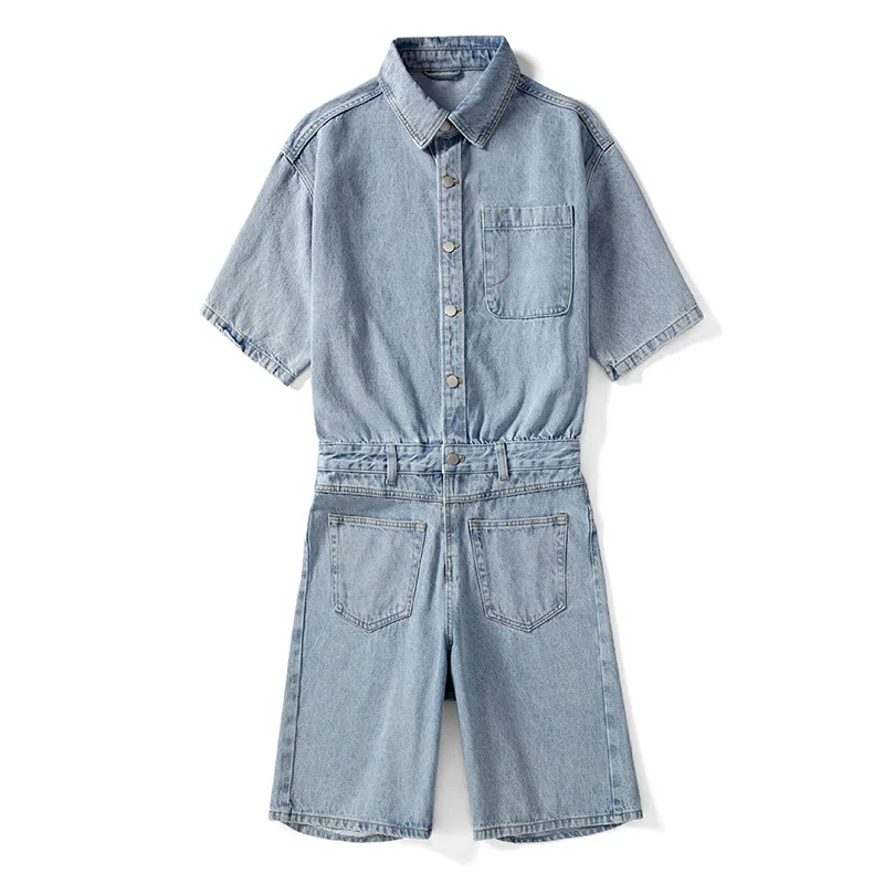 

Light Blue Short Sleeve Shorts Denim Jumpsuits Womens Spring Autumn Loose Single-breasted Neutral One-piece Trousers Female