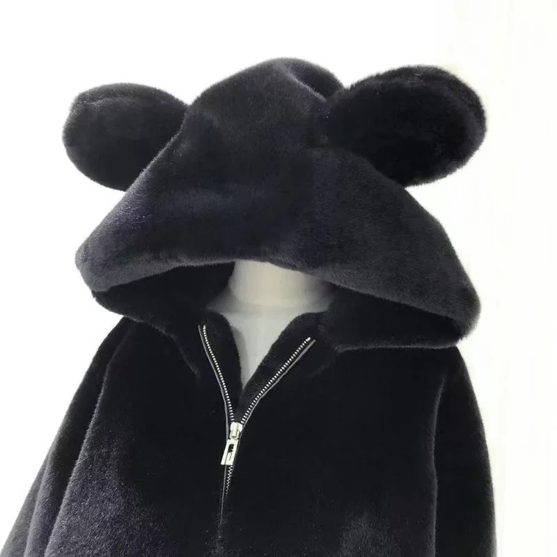 Winter New Hat Hooded Thickened Plush Medium Length Jacket Women Cute Bear Ears Loose Fit Coat Warm Comfortable Female Outerwear - Image 5