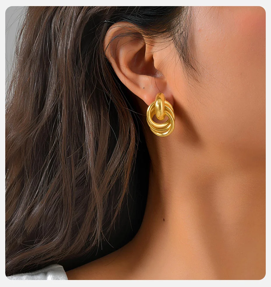 Vnox Gedrehte Hängeohrringe für Frauen, Goldfarben, Geometrischer Kreisförmiger Knoten-Ohrring, Modeschmuck – Detail 5