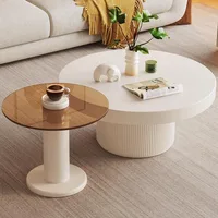 2-Pieces Modern Coffee Tables Set - Round Cream White Coffee Table & Small End Table for Living Room 1