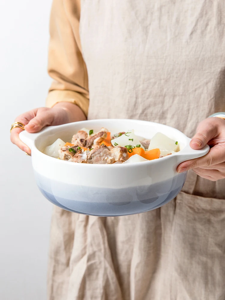 

8inch Japanese Household Noodle Bowl Ceramic Soup Bowl With Handle Salad Pasta Bowl Kitchen Tableware Microwave Oven Bakware