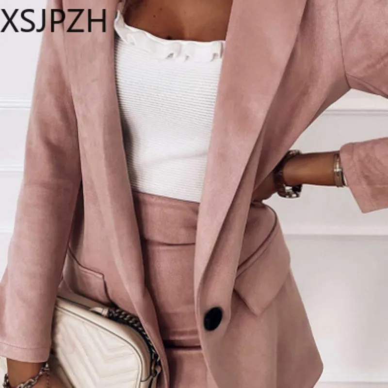 2024 New Lapel Long Sleeve Button Blazers Mini Skirts Lady Set Spring Autumn Office Elegant Women Suit Skirt Slim Two Piece Set