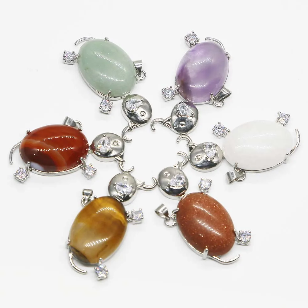 Natural Stone Crystal Agate Inset Stainless Steel Elephant Necklace Pendant DIY Jewelry Accessories Wholesale 6Pcs Free Shipping