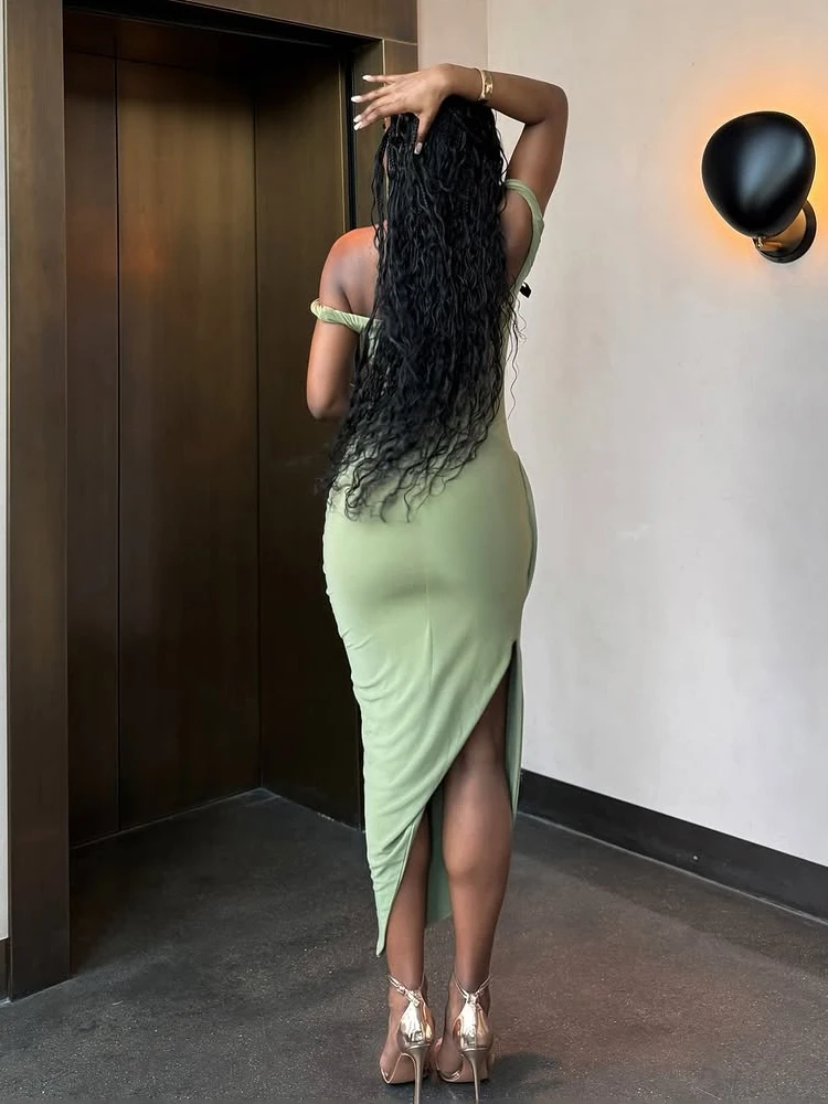 Nibber Summer Trend Irregular Patchwork Dress Women Temperament Slash Neck Side Split Elegant Tight Stretch Skinny Maxi Bodycon