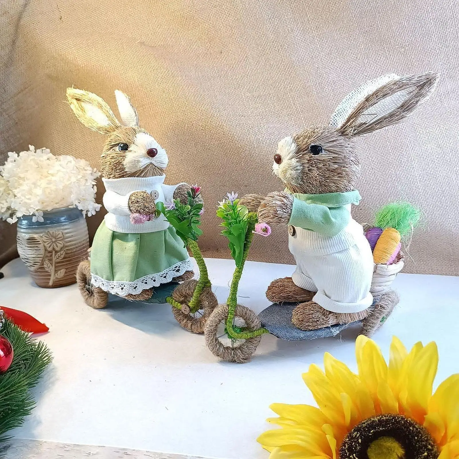 Easter Bunny Decoration Ornament Straw Rabbit Decor for Garden Table Office