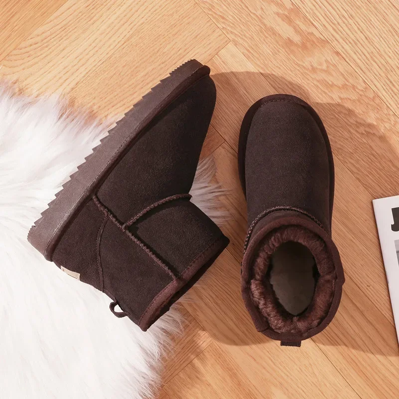 Classic 2023 genuine leather snow boots for women with plush and thickened flat bottomed plush  low heeled Korean cotton shoes