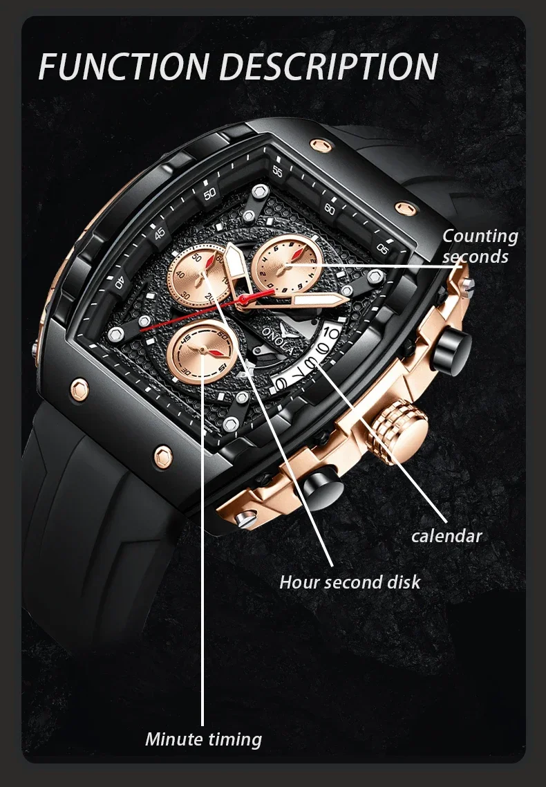 Fashion Cool Black Watch for Mens Brand ONOLA Sports Silicone Strap Quartz Wristwatch Male Luxury Waterproof Tonneau Clock Reloj