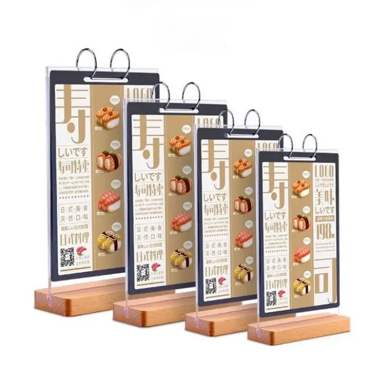 Wooden A4 A5 Double-sided Tab Le Sign Display Holder Menu Price List Card Racks Resturant Pages Turning Table Signboard Stand