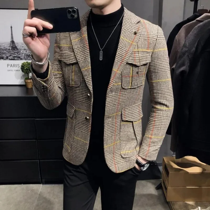 

2023 Spring Men Plaid Blazers British Printed Wedding Business Casual Blazer Suit Jacket Male Formal Plus Size M-3XL