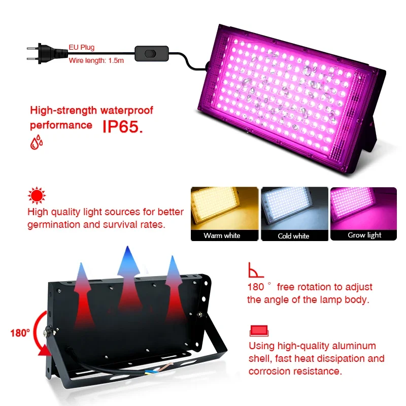 Grow Light LED Grow Lights for Indoor Plants Full Spectrum Veg Bloom 220V 50W 100W Floodlight Switch Control Plant Light Seed Starting Seed